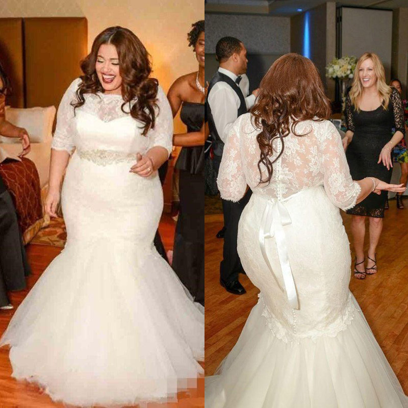 

Plus Size Mermaid Wedding Dresses Bridal Gowns Half Sleeves Lace Covered Button Crystal Belt Chapel Train Robes De Mariée, Ivory