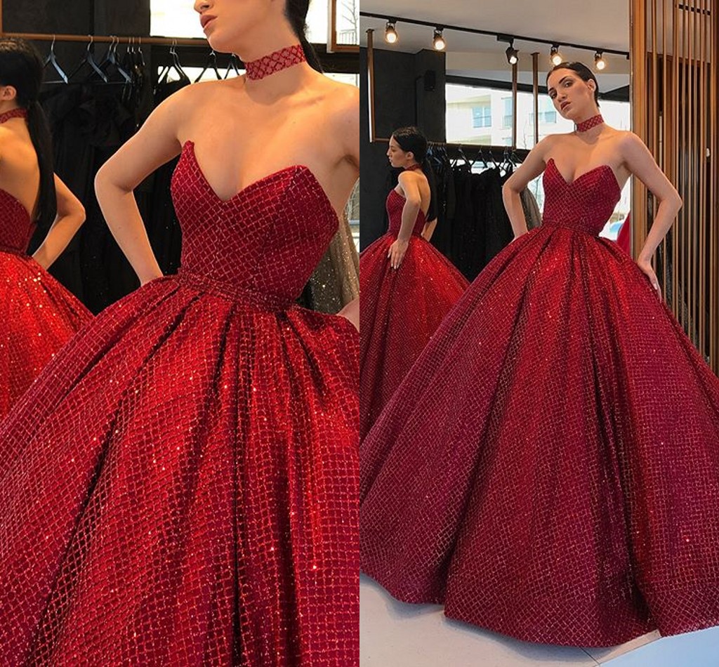 

Blingbling Burgundy Ball Gown Prom Quinceanera Dresses Sweetheart with Pockets Ruched Corset Back Evening Formal Red Carpet Dress, Same as picture