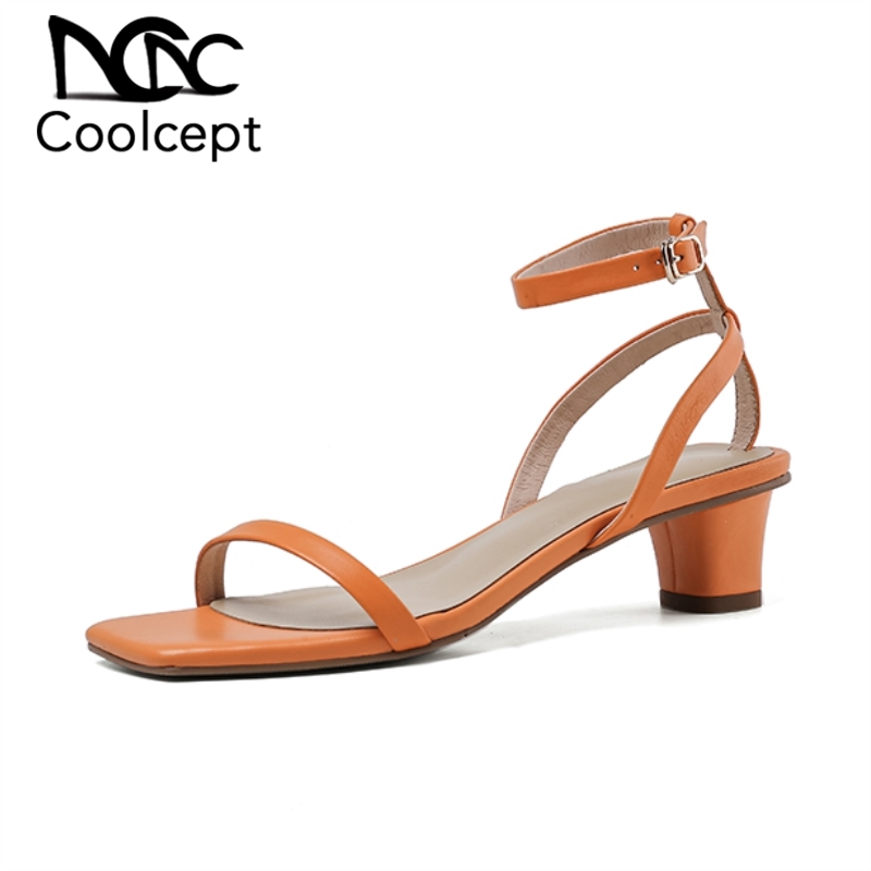 

Coolcept Women Sandals Shoes Fashion Square Heels Genuine Leather Shoes Women Stylish Metal Buckle Casual Footwear Size 33-42, Black