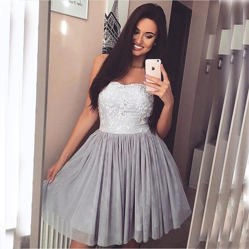 

New Arrival Homecoming Dresses Strapless A Line Short Mini Party Dresses For Prom Lace Appliques Beaded Tulle Custom Made B198, Red