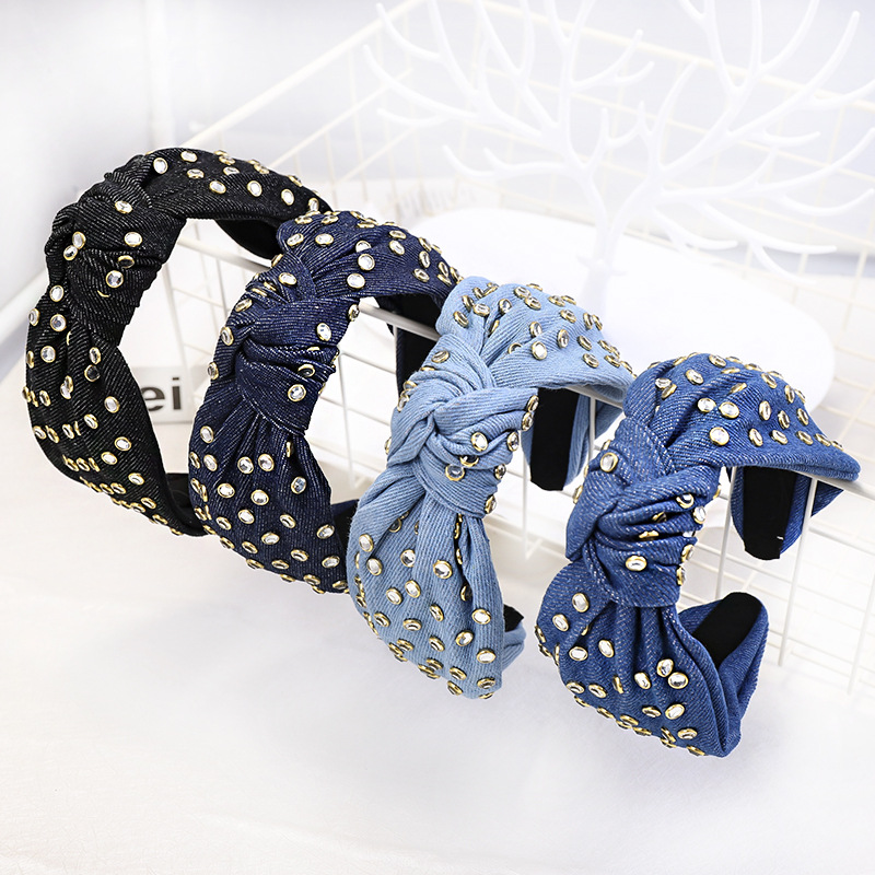 

Vintage Jewel Rhinestone Denim Hair Band For Women Knot Turban Headband Girls Hair Accessories haar accessoires opaska bandeau