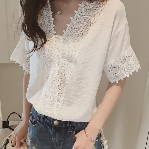 

Summer Korean New Women Loose White Lace Shirts Short Sleeve Solid Color Hollow Out V Neck Shirts Womens Tops and Blouses, Beige