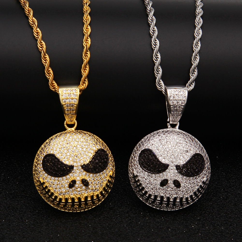 

Wholesale- Cartoon Jack Skellington Skull Personalized Necklace 24K Gold Plated Cubic Zirconia Punk Men's Locket Pendant Necklace