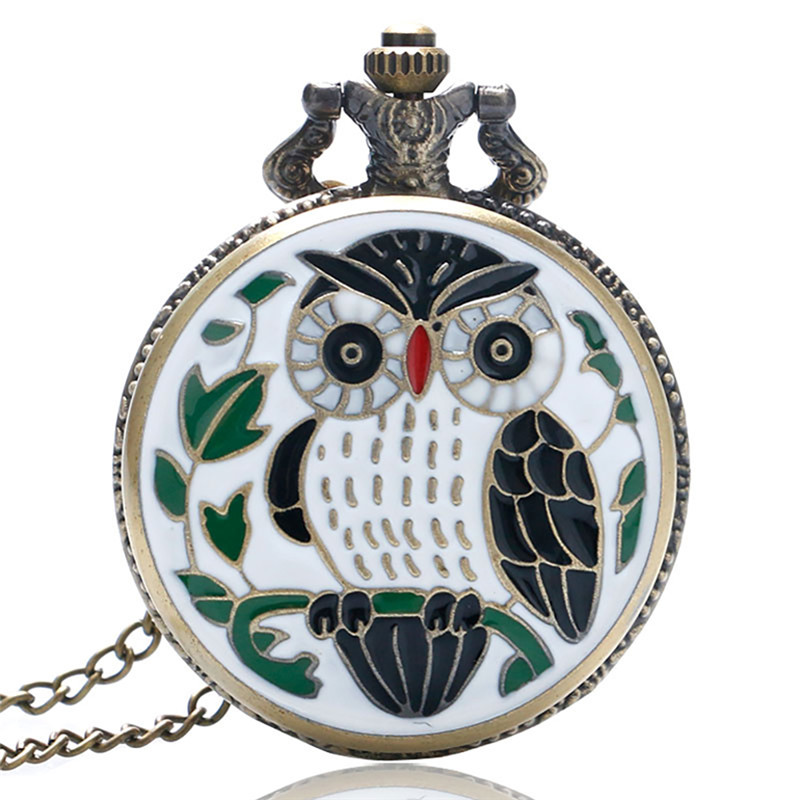 

Bronze Small Animal Epoxy Cartoon Owl Painting Pocket Watch Quartz Clock Necklace Chain Relogio De Bolso Gifts for Men Women