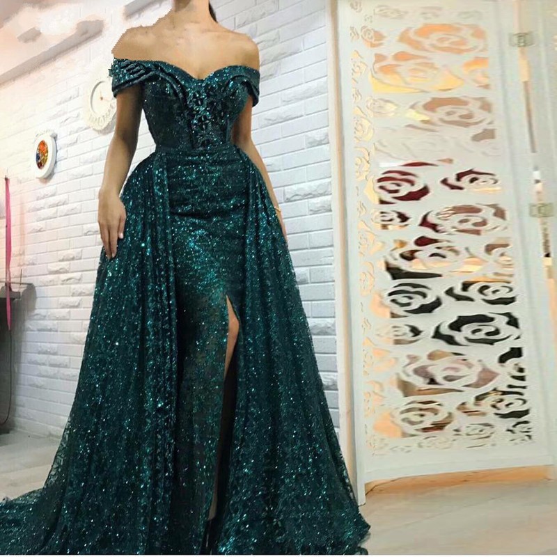 

Saudi Arabic Dark Green Mermaid Evening Dress Long Detachable Train Prom Dresses 2019 Dubai Turkish Off Shoulder Evening Gowns, Black