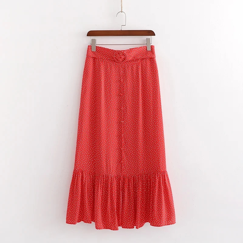 

summer women vintage polka dot print high waist long skirts female 2020 a-line red skirts with belt chic lady skirt jupe femme