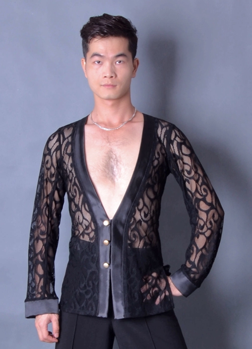 

Men Latin Dance Tops/Shirt Long Sleeve deep V-Neck Elastic Lace Floral Pattern Ballroom Top ACCEPT ANY SIZE CUSTOM, Black