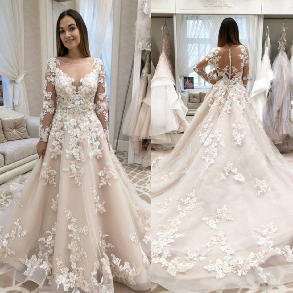 

2019 Lace Country Wedding Dresses A Line Long Train Appliqued Long Sleeve Wedding Dress Custom Sheer Jewel Neck Boho Beach Bridal Gowns, Same as image