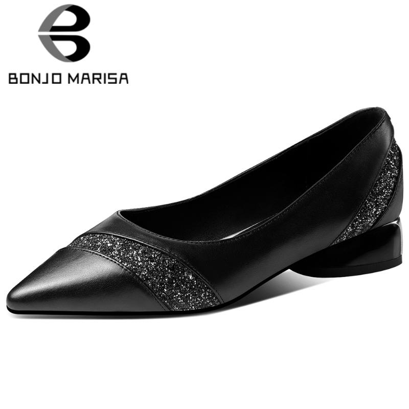 

BONJOMARISA Office Lady Spring Pumps Pointed Toe Bling Shallow Round Heel Slip On Solid Party Pumps Women Dress Shoes Woman, Beige