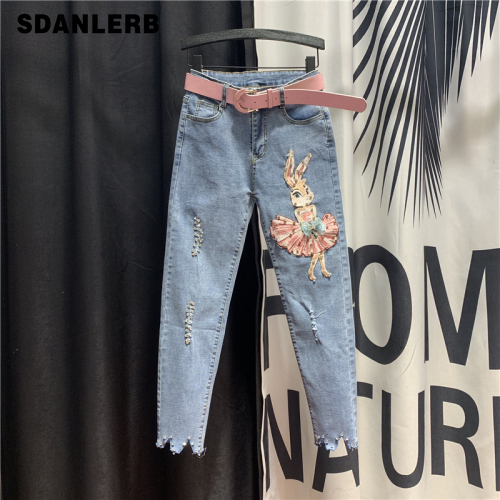 

Beaded Jeans Women Personality Frayed Jeans Women' 2020 Spring New Fashion Pattern Pencil Pants Blue Denim Pants Students, Not include belt