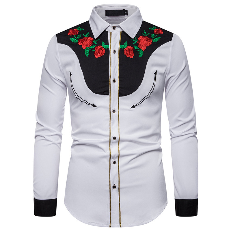 

Wholesale Stylish Western Cowboy Casual Shirt Men Designer Embroidery Slim Fit Casual Long Sleeve Shirts Mens Wedding Shirt for Male Camisa, White