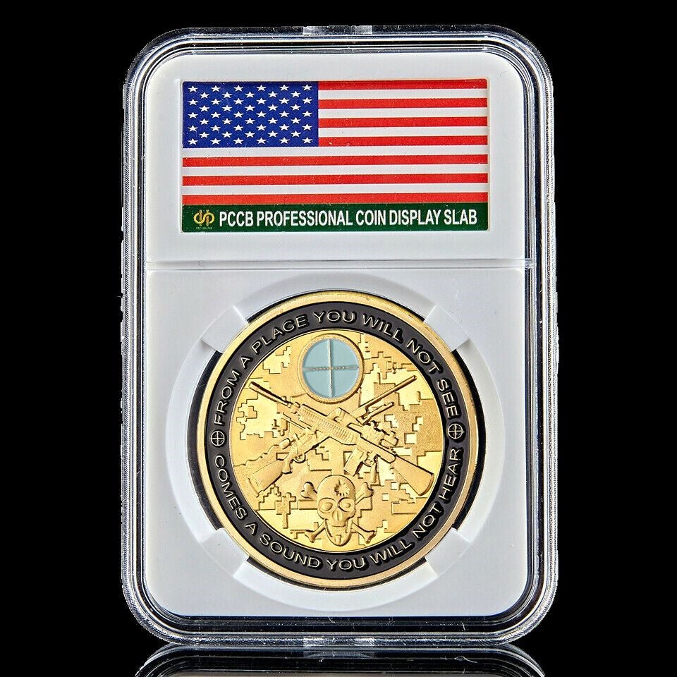 Us Army Military You Can Run But You Will Only Die Tired US Sniper Soldier Gold Plated Challenge Coin W/Pccb Box-image-522128501