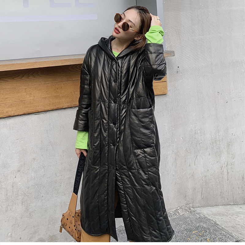 

Genuine Leather Down Jacket Long Brand Hoodie Sheepskin Down Coat 90% White Duck Loose And Large Design Raglan Sleeve Coat, Black