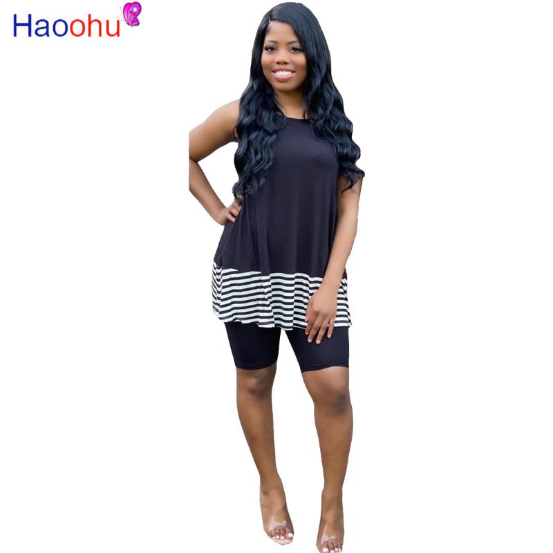 

HAOOHU 2020 Summer Women Two Pieces Sets Tracksuits Striped Print Tops Shorts Suit Sporty Fitness Night Club 2 Pcs Outfit, Red