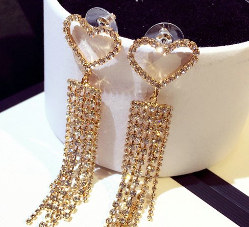 

Wholesale- New trendy fashion luxury designer full diamond rhinstone cute heart tassel stud earrings for woman girls