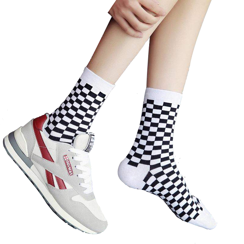 

8 PCS=4Pairs Fashion Harajuku style men street cotton socks hip hop skateboard unisex socks fun plaid checkerboard happy, 4 pairs blue