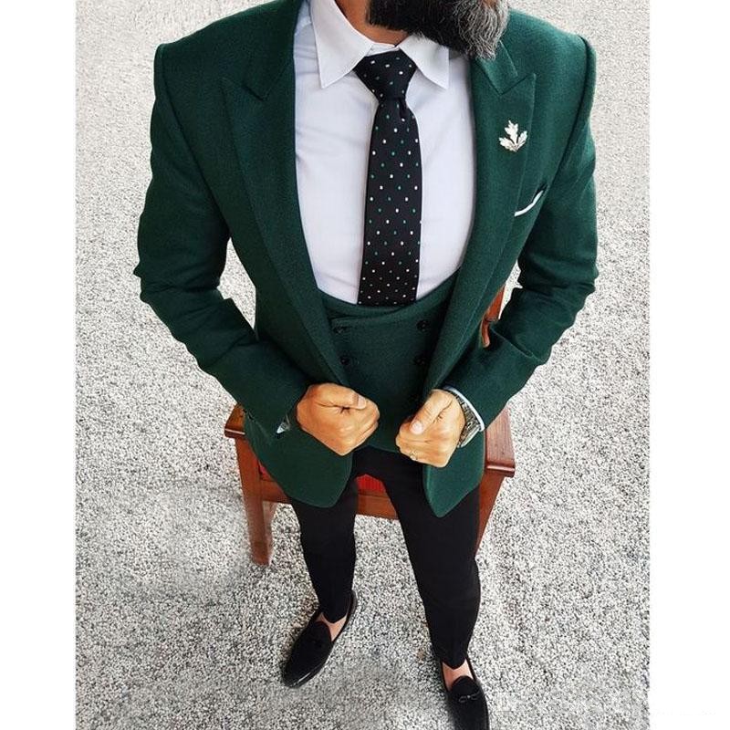 Tailor Made Men Suits 2019 Dark Green Men Blazer Three Piece Jacket Black Pants Vest Slim Fit Groom Wedding Tuxedos
