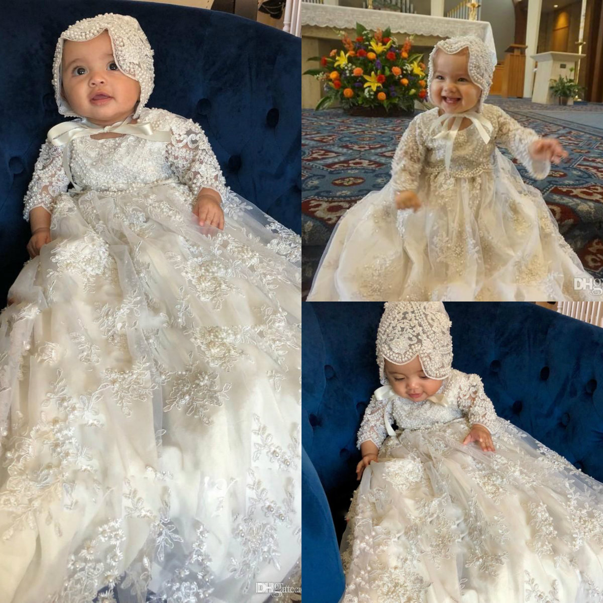 

2019 Long Sleeve Christening Gowns For Baby Girls Lace Appliqued Pearls Baptism Dresses With Bonnet First Holy Communication Dress, Red