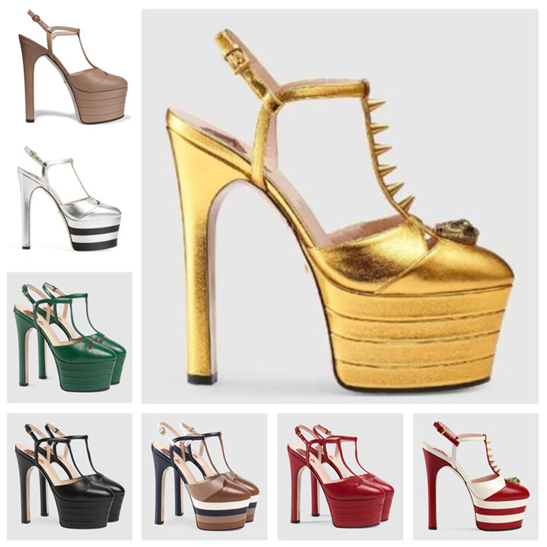 

2020 famous fashion women shoes high heels dress shoes Women Striped Metallic High Heels Pump sandals Summer Platform sandals with box