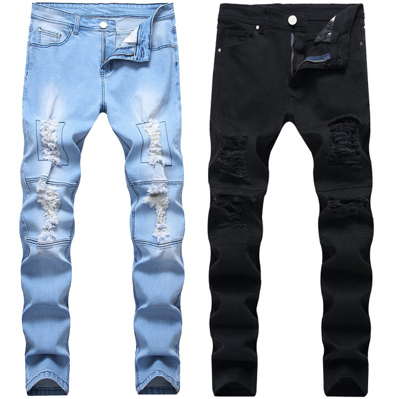 

2020 washed worn out men's jeans fashion micro elastic small straight tube tight fit youth fashion men's pants jeans 28-42, Black