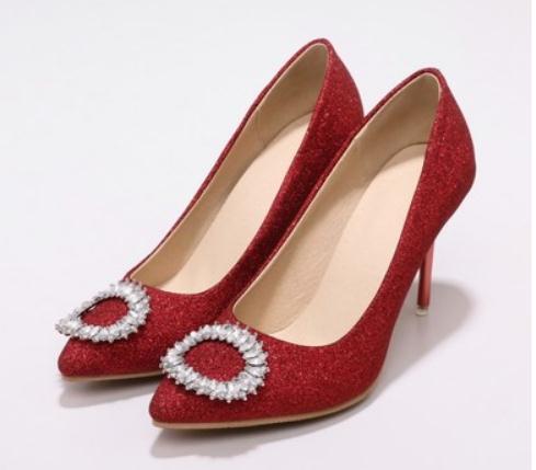

2019 sequined cloth Women's shoes in Spring and Autumn with New style High heel fine heel pointed end water drill@18, Red
