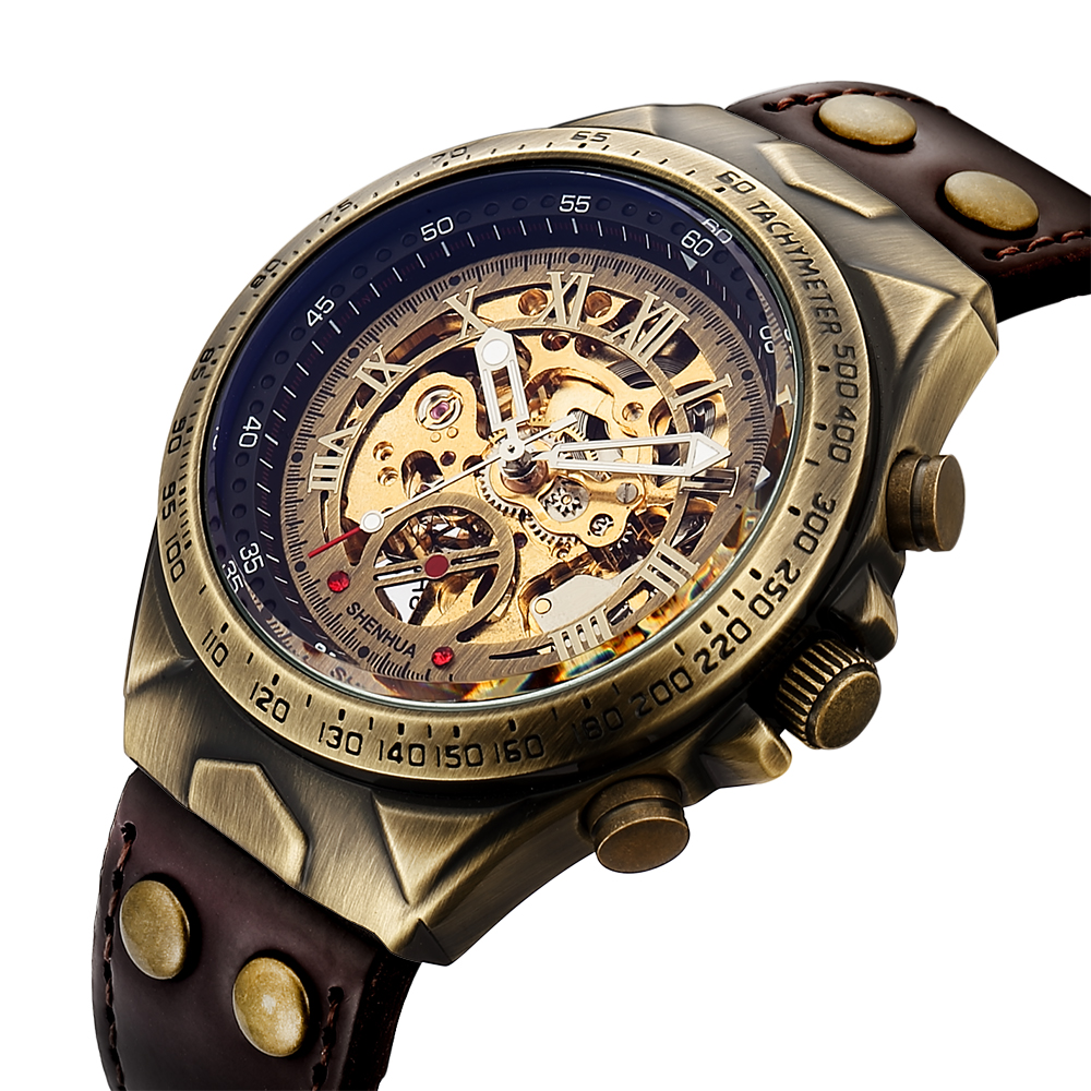 

Men Mechanical Watch Automatic Watch Skeleton Self Winding Men Watches Retro Leather Steampunk Transparent Wristwatch Clock, Brown