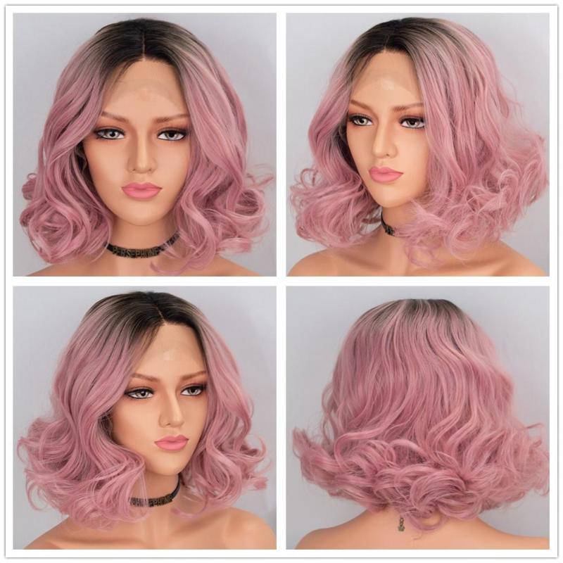 

Scheherezade Ombre Pink Wig Short Wavy Wig Synthetic Lace Front Wigs For Black Women High Temperature Fiber Bob Cosplay Wigs, As pic