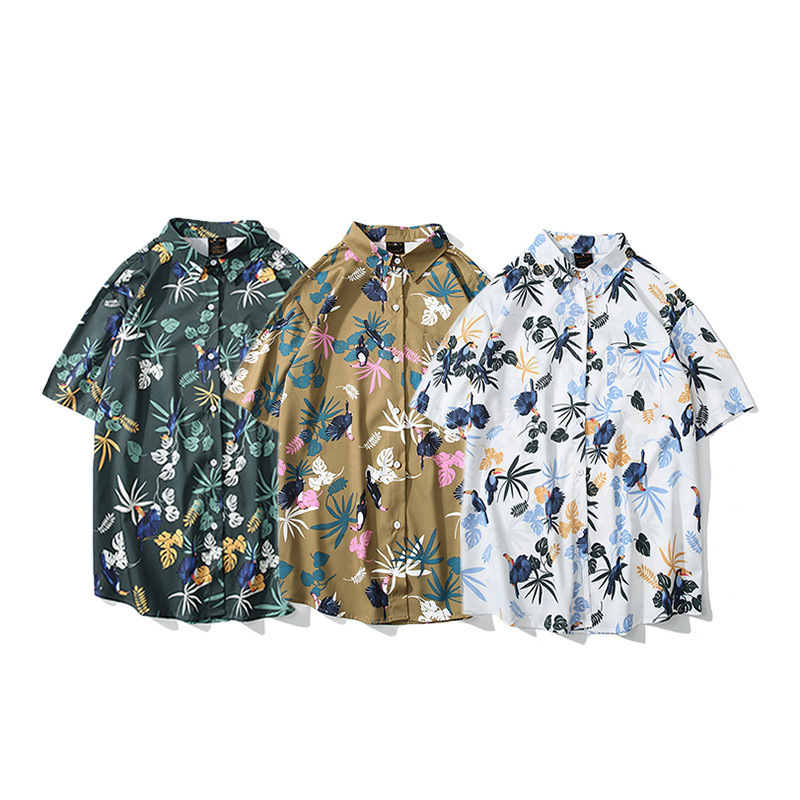 

Shirt Men Short Sleeve Leaf Print Loose Beach Hawaii Flower Vintage Men and Women-Music of the Tide, White