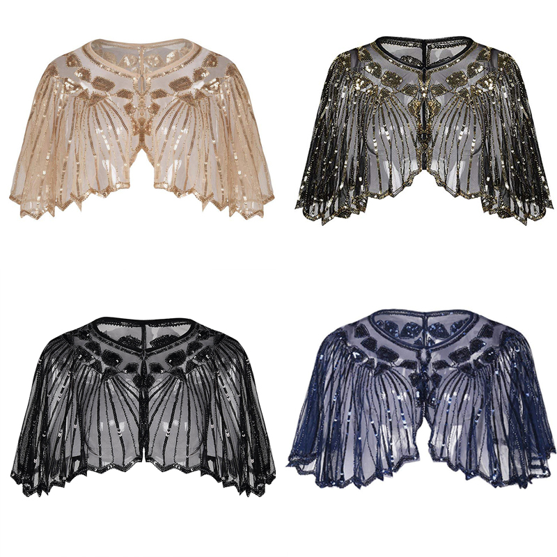 

Women 1920s Gatsby Beaded Sequin Frienge Shawl Vintage Evening Party Mesh Flapper Cover Up for Theme Party