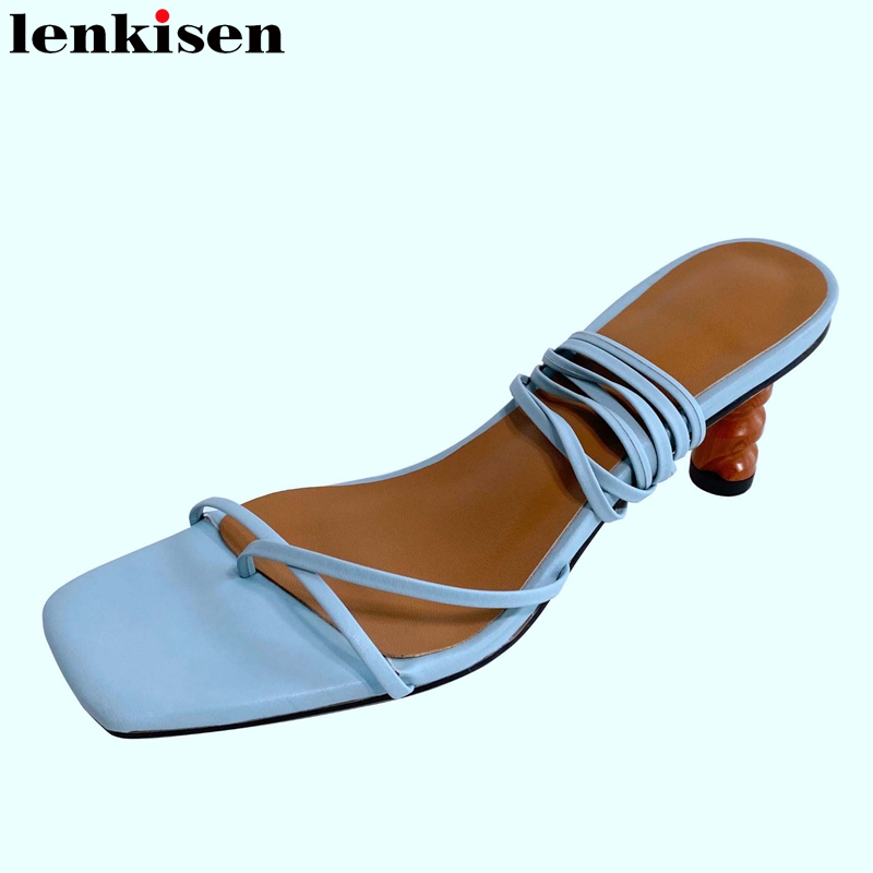 

Lenkisen new european style high fashion big square toe high strange heels lace up gorgeous beauty lady office lady sandals L46, Blue