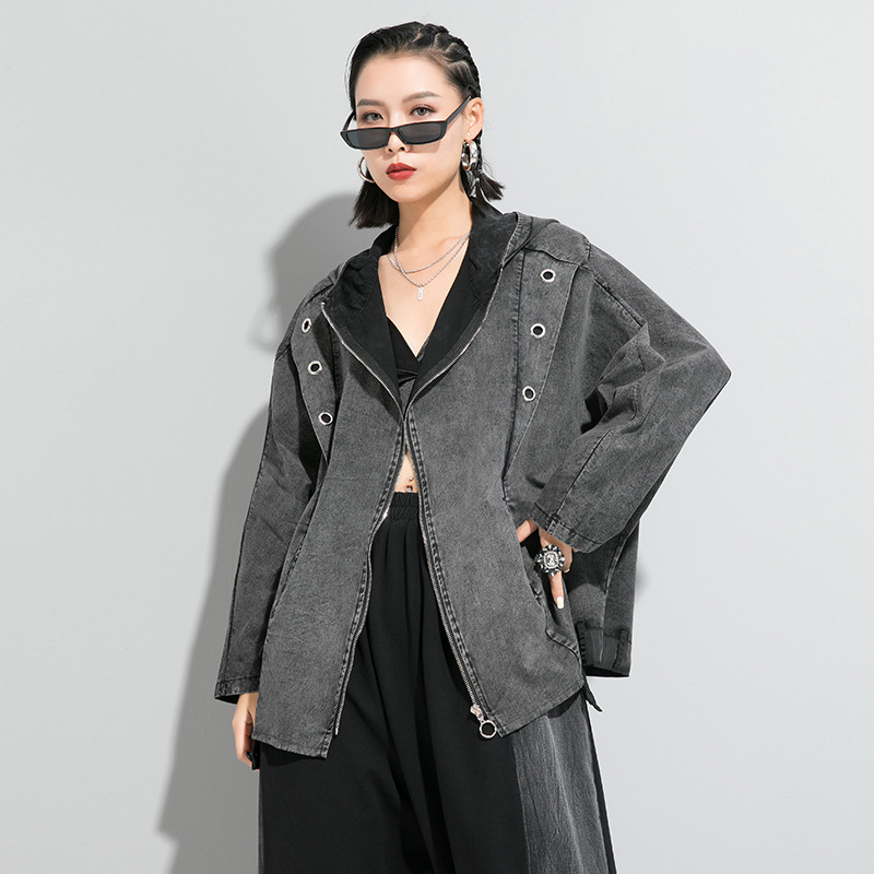 

Women New Cardigan Metal Design Oversize Bat Sleeve Hooded Jacket Female Men Streetwear Punk Gothic Plus Size Windbreaker Coat, Black