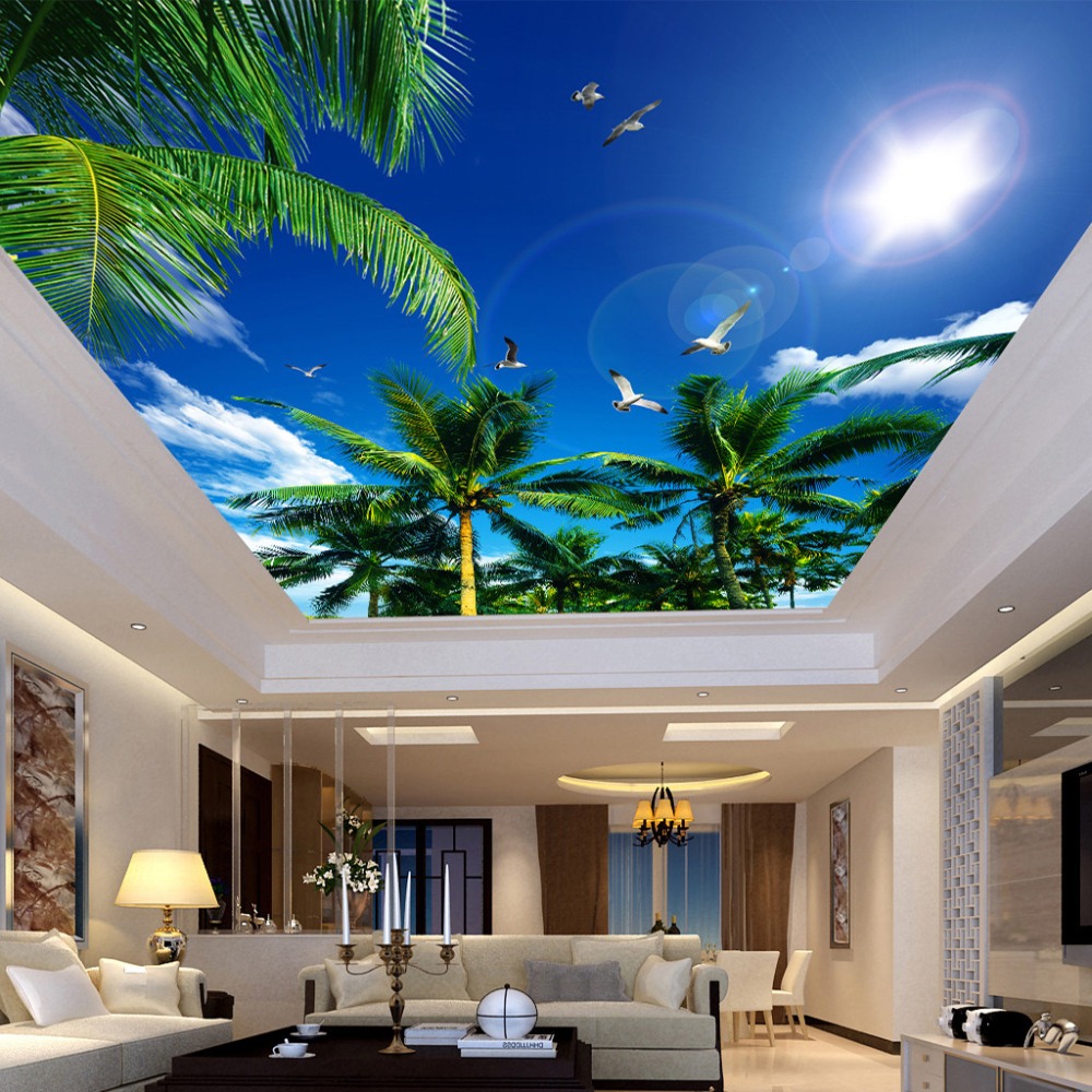 

Custom 3D Photo Wallpaper Blue Sky And White Clouds Coconut Trees Seagull Bedroom Living Room Ceiling Mural Wallpaper Painting, As pic