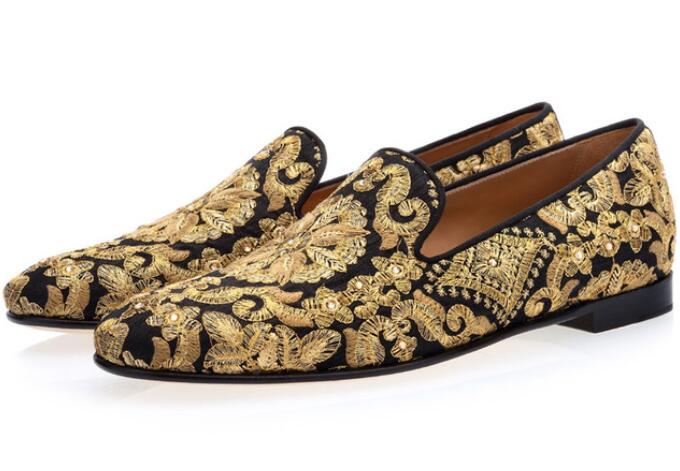 

Zapatos Hombre 2019 Black Blue Canvas Footwear Handmade Golden Embroidery Loafers Man Slip On Flats Men Dress Casual