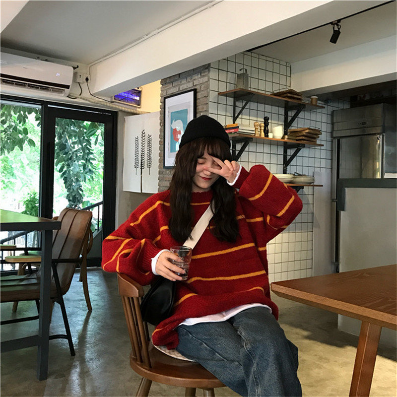 

2020 autumn new loose striped sweater Korean cec long style casual female sweater knitted pullovers, Black