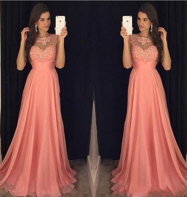 

Cheap Sexy New Coral Pink Prom Dresses Jewel Neck Illusion Sleeveless Lace Appliques Beaded Chiffon Evening Dress Party Pageant Formal Gowns, White