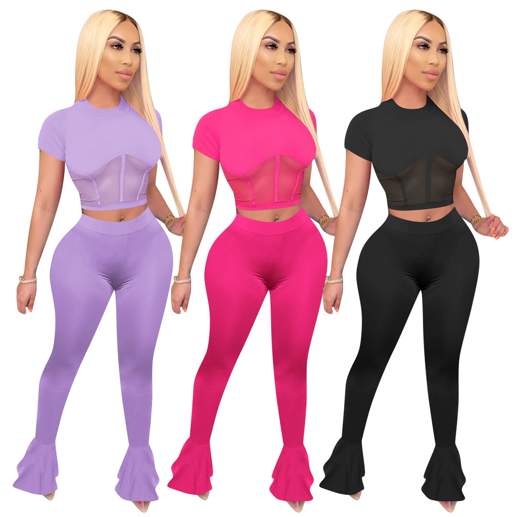 

Designer Women 2 Piece Set Sexy Sheer Mesh Patchwork Short Sleeve Tight Crop Top Flare Pants Bodysuits 2020 Summer Fashion Leisure Tracksuit, Watermelon red