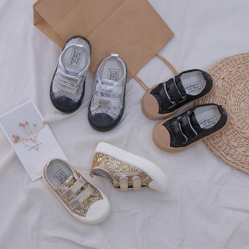 

2020 Autumn New Shiny Flat Heel Shoes Baby Sneakers Anti-skid Children's Shoes Soft Bottom Fashion Bling tenis infantil D06122, Black