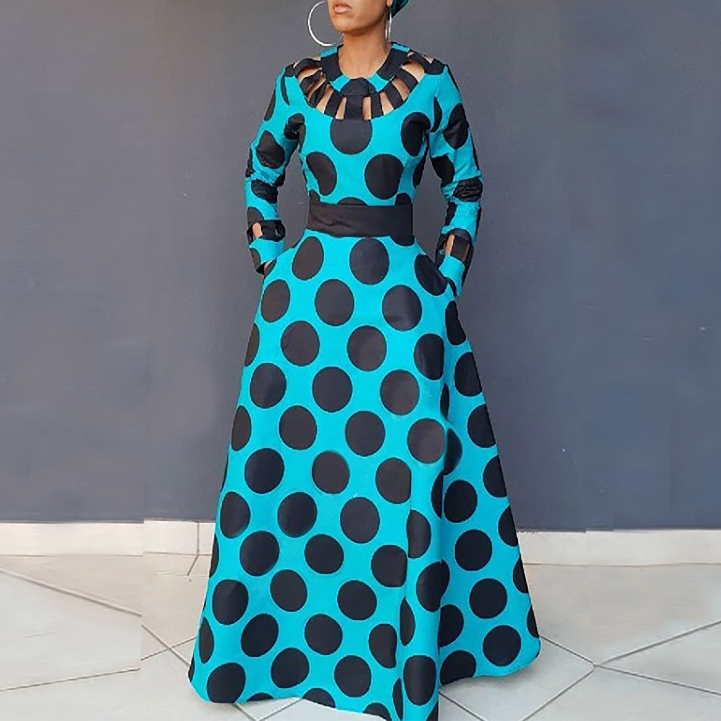 

S -3XL 4XL 5XL Clocolor Vintage Polka Dot Dress Women Autumn Winter Long Sleeve Printed Tunic Pocket High Waist Afircan Plus Size Maxi Dress, Black;gray