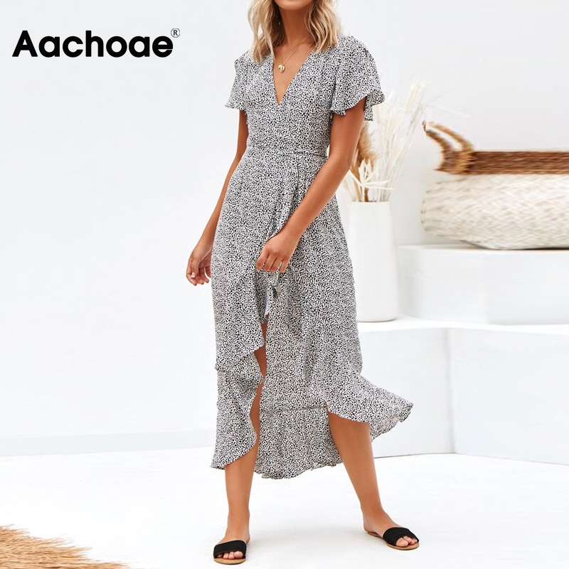 

2020 Summer Dot Print Maxi Dresses For Women Boho Style Split Long Beach Dress V Neck Short Sleeve Ruffle Casual Wrap Dress, White
