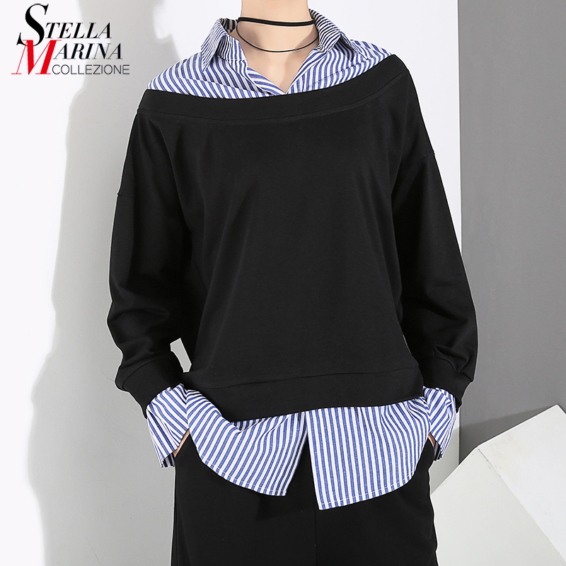 

2018 Korean Style Fake Two Pieces Women Pullovers Black Sweatshirt With Fake Shirt Stitched Female Unique Casual Sweatshirt 7175