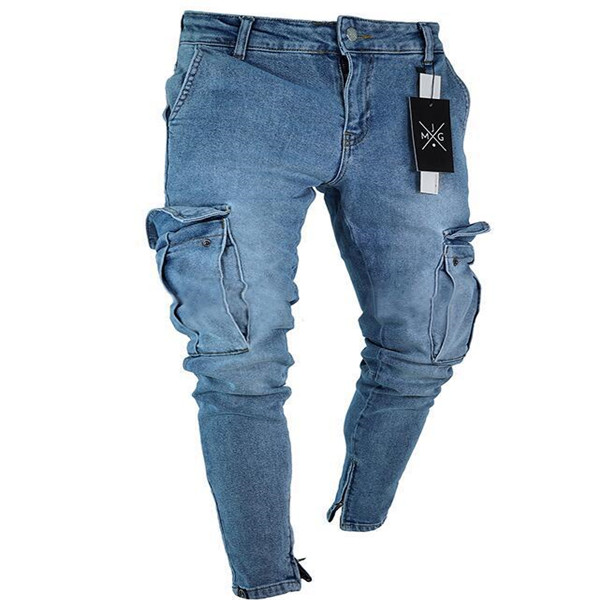 Mens Jeans Casual Pocket Design Elastic Waist Pencil Slim Fit Fashionable New Urban Wind Style Cool Pants