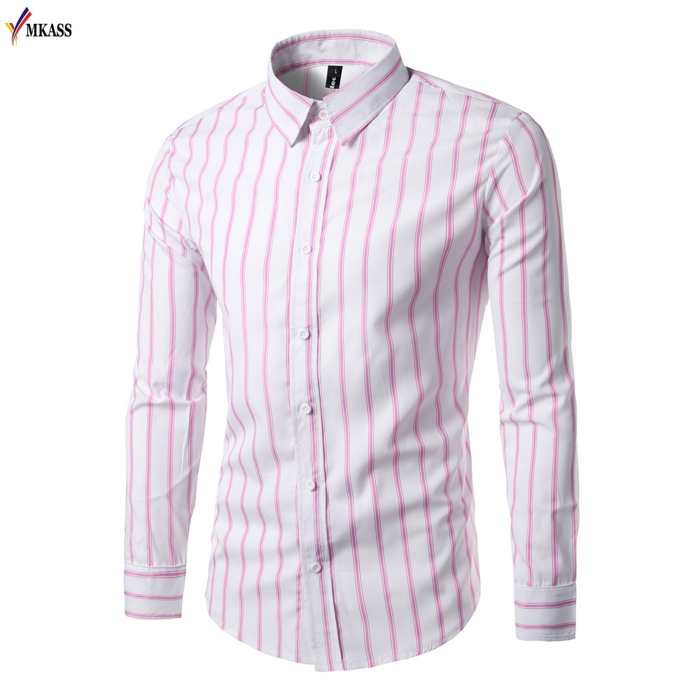 

MKASS Hot Autumn Striped Men Dress Shirt Formal Fashion Long Sleeve Brand Business Men Casual Shirt Regular Fit Shirts, Black