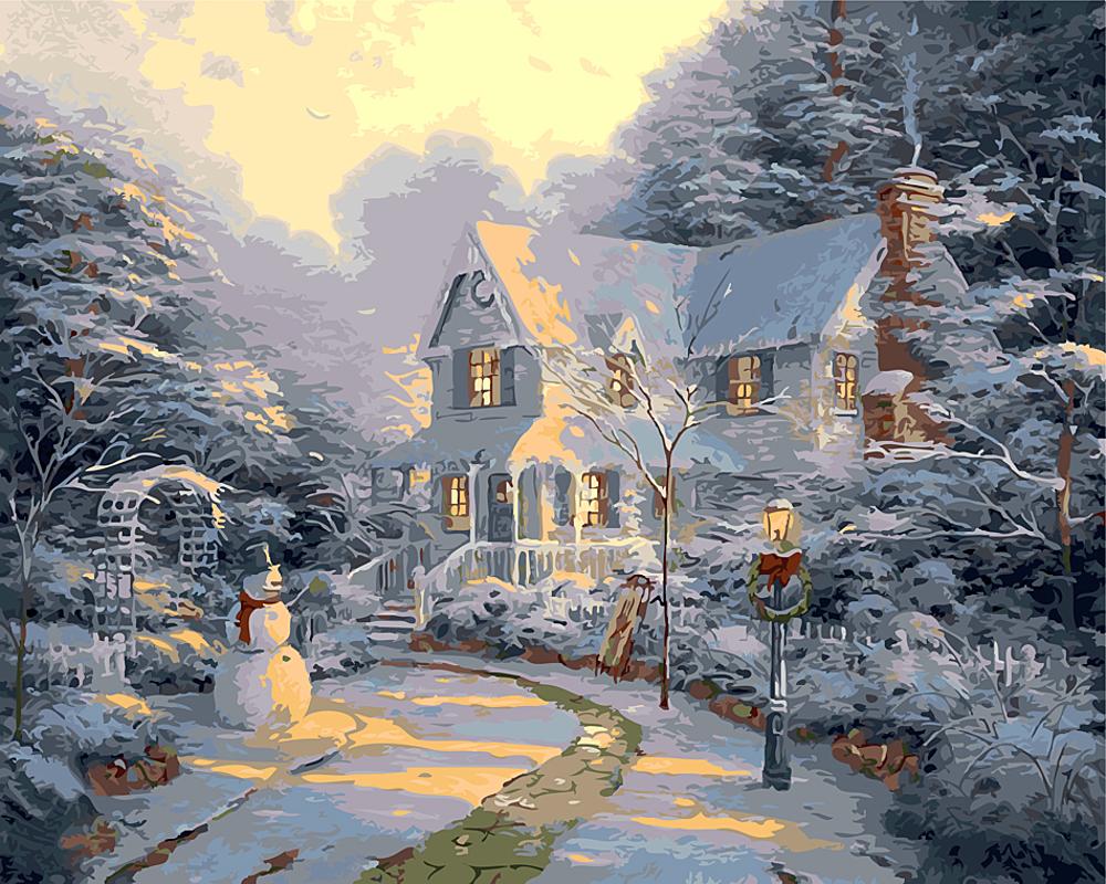 

Winter snow villa Christmas Picture Home Decor no frame Painting picture By Numbers Handwork Draw On Canvas Living Room Wall Art