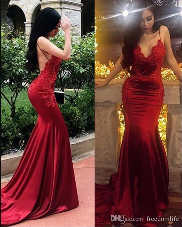 red spaghetti strap prom dress