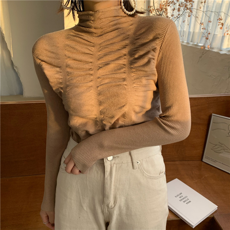 

CBAFU fashion spring autumn ruched sweater women pullovers jumpers knitted tops basic turtleneck warm sweater long sleeve F352, Picture color
