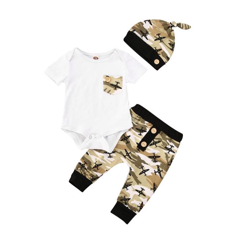 

3PCS Newborn Infant Baby Boy Clothes Set Cotton Tops Summer Short Sleeve Aircraft Pockets Bodysuit Camo Pants Hat Outfits, White