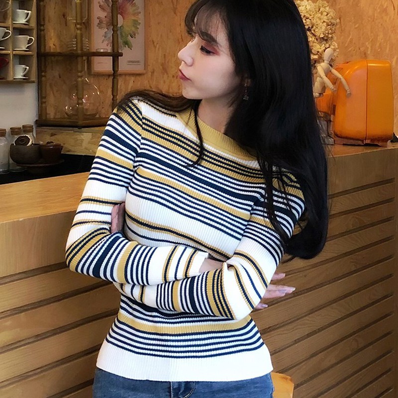

Autumn Korean Sweet Stripe Sweater Women Contrast Knitted Pullover Long Sleeve O-neck Knitwear Fashion Slim Jumper Clothing