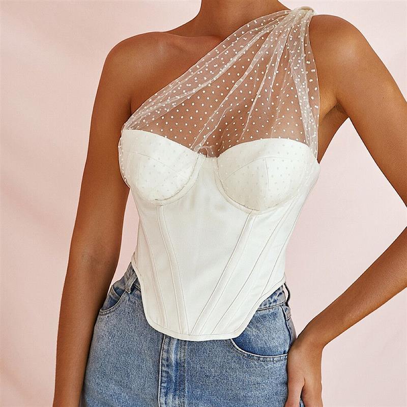 

2020 Summer Women' Retro Tights Tank Tops Sexy One-Shoulder Perspective Mesh Splicing Tube Top Slim-Fit Fishbone T-Shirt Women, White