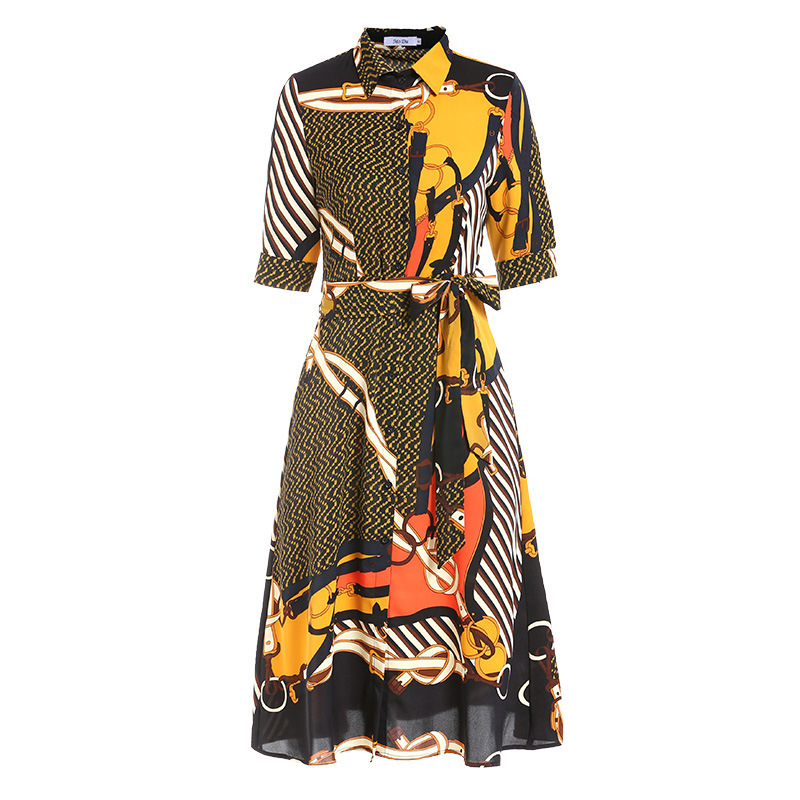 

High Qurlity Office Lady Women Dresses Sashes Short Sleeve Print Elegant Workwear A-line Sashes Vestidos Slim Lady Dresses, Xaq516