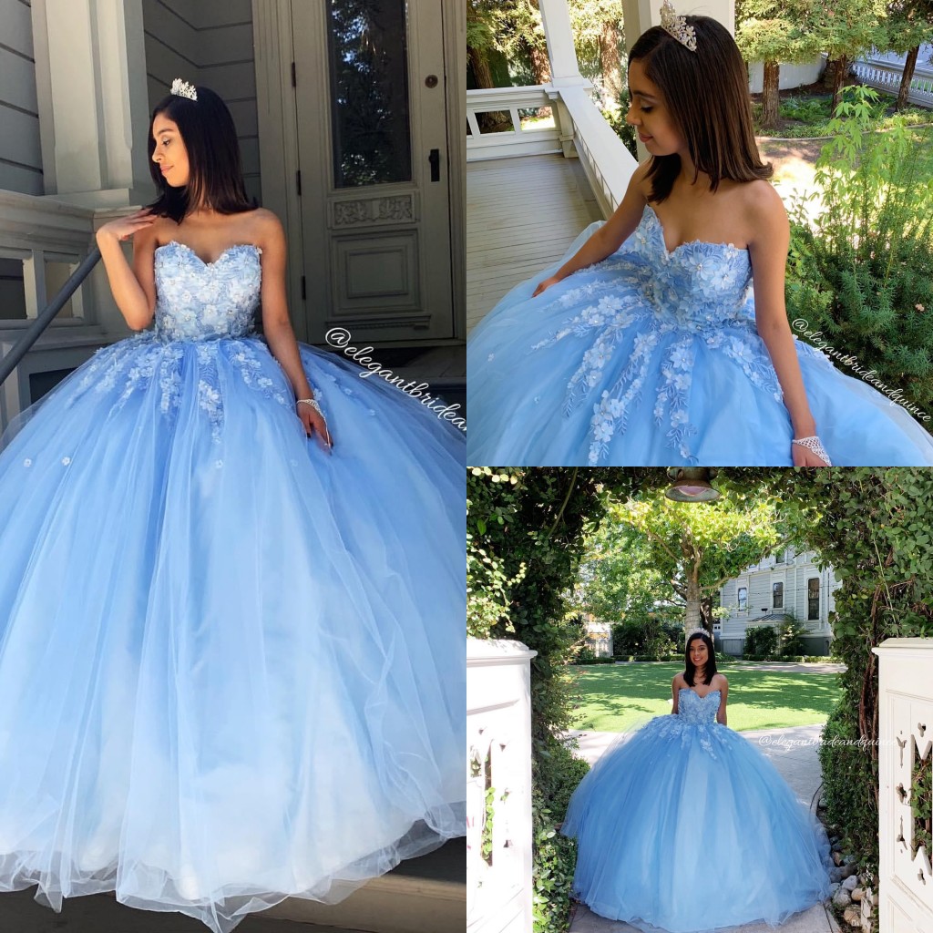 

2020 Ball Gown Sky Blue Simple Sexy Lace Quinceanera Prom Dresses Sweetheart Beaded Hand Made Flowers Tulle Evening Party Sweet 16 Dress, Chocolate